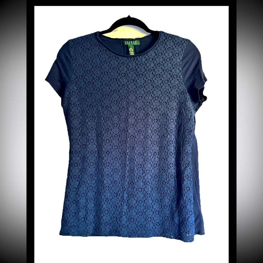 LAUREN RALPH LAUREN Navy EYELET Women's Top Sz S